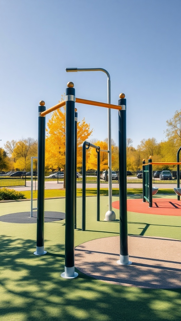 Outdoor gym equipment with multiple workout stations surrounded by trees and a clear blue sky.