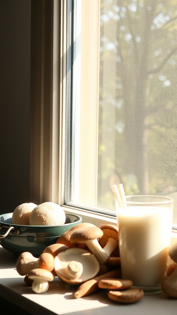 A bowl of mushrooms and a glass of milk on a windowsill, highlighting the connection between vitamin D and appetite control.