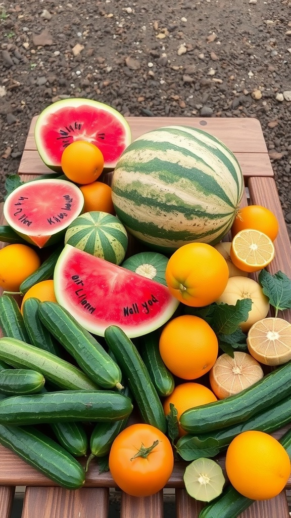 A variety of water-rich fruits and vegetables, including watermelon, cucumbers, and oranges, arranged on a wooden table.
