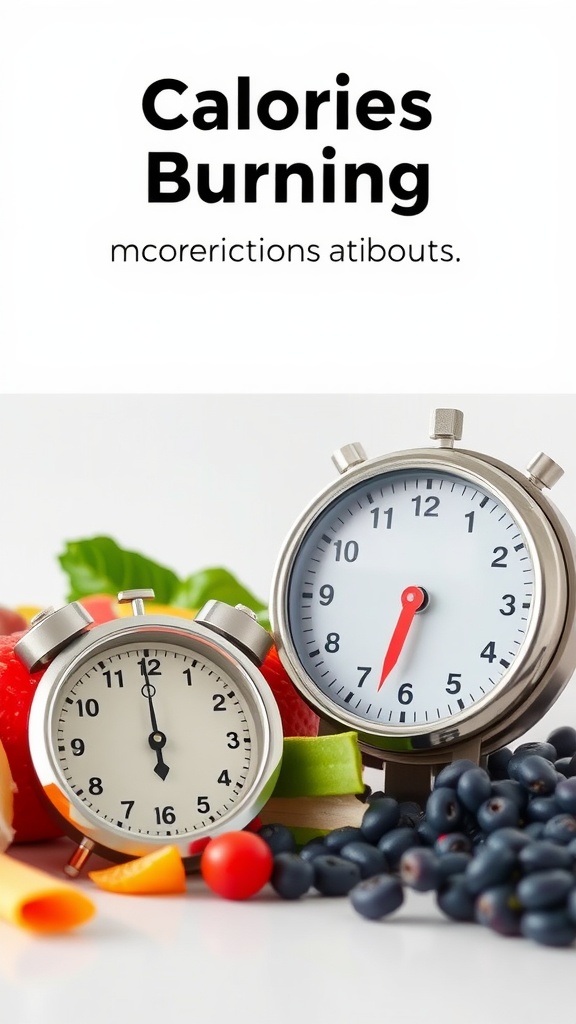 Image of two clocks surrounded by fresh fruits and vegetables, emphasizing calories burning.