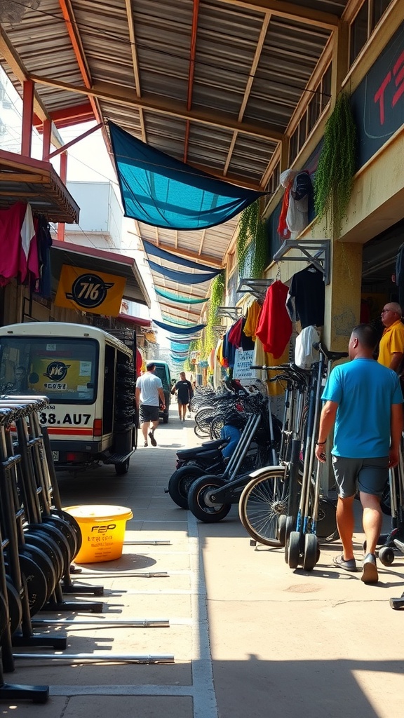 A busy market street with gym equipment and people walking around.