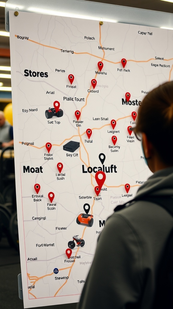 A map indicating various stores and locations for buying home gym equipment