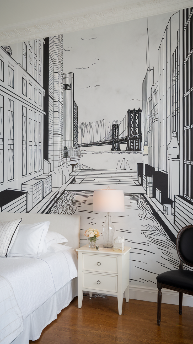 A modern bedroom featuring a black and white wall mural of a cityscape.