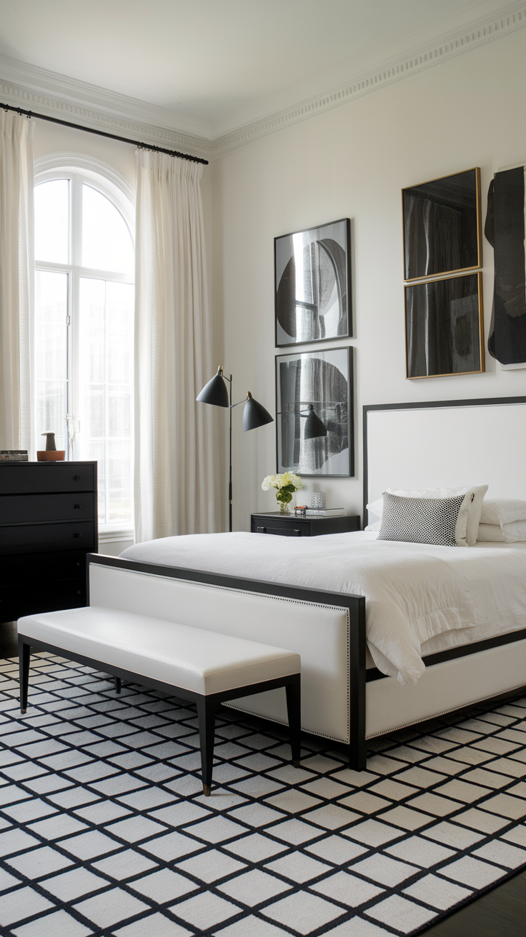 A modern bedroom featuring white walls, a black bed frame, and contrasting dark decor.