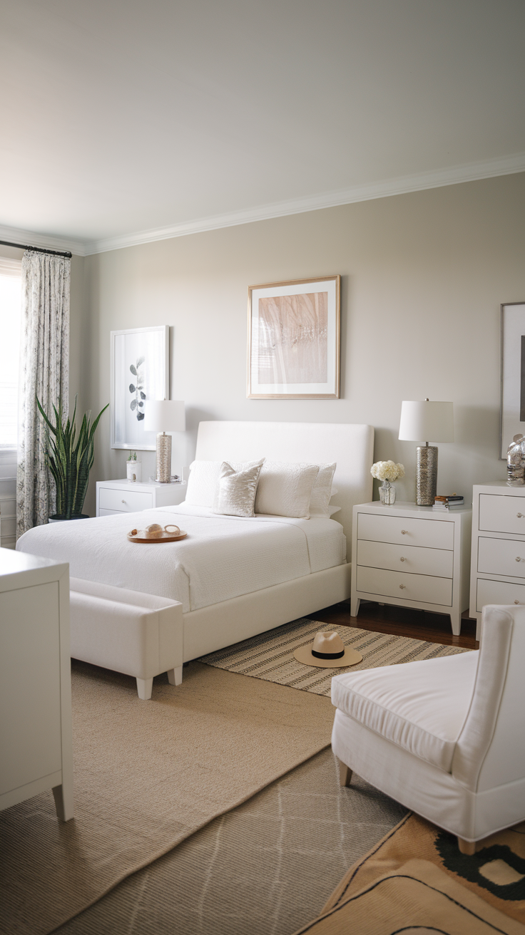 A beautifully styled bedroom with bright white furniture, featuring a bed, side tables, and decorative elements.