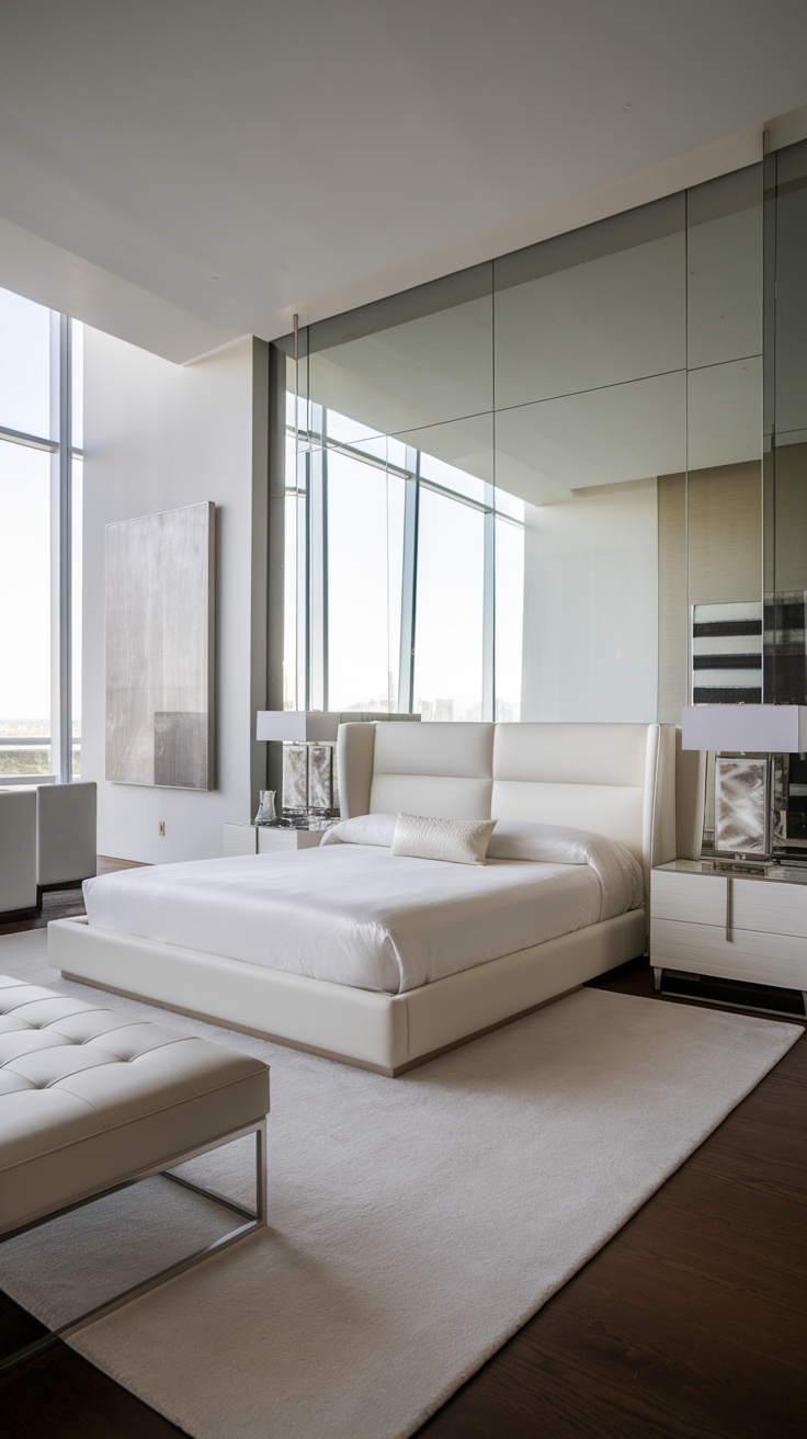 A modern bedroom featuring contemporary white furniture, including a sleek bed and matching nightstands.