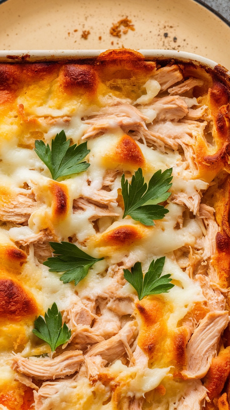 A close-up of a baked casserole with shredded chicken and greenery on top.