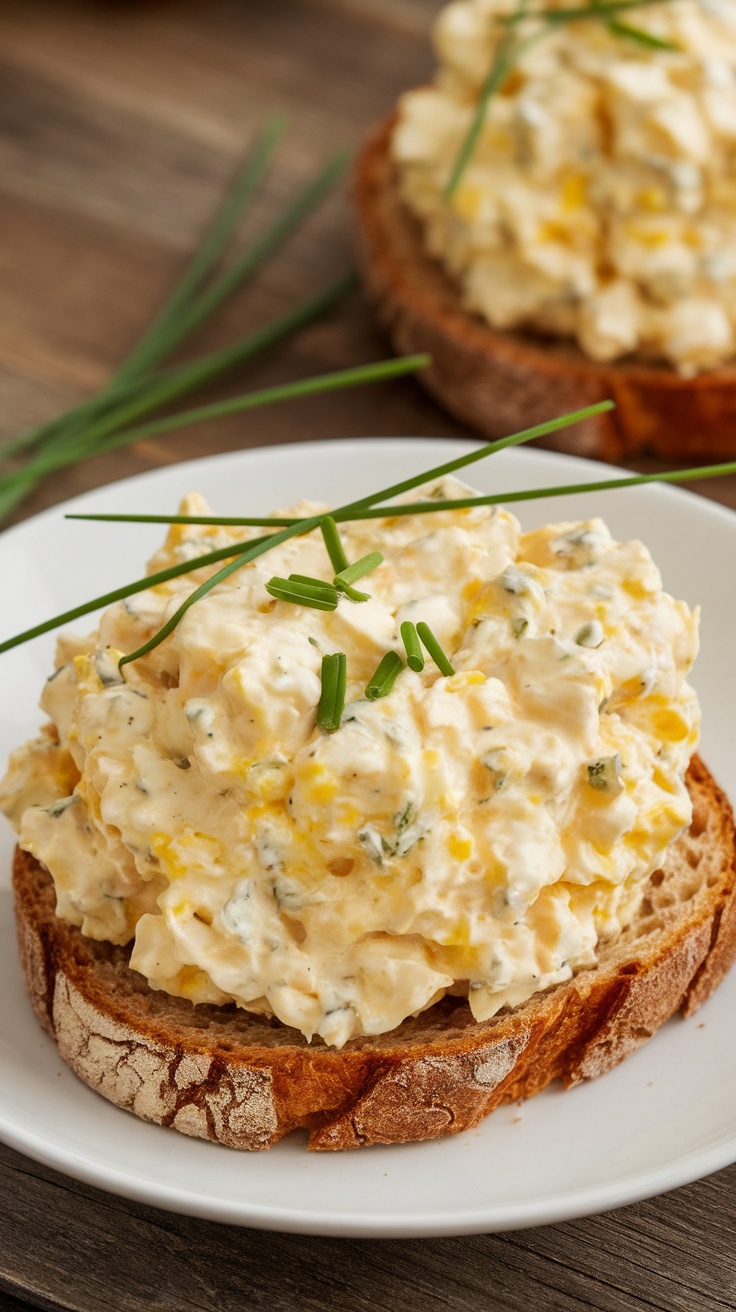 A serving of cottage cheese egg salad on a slice of bread, garnished with chives.