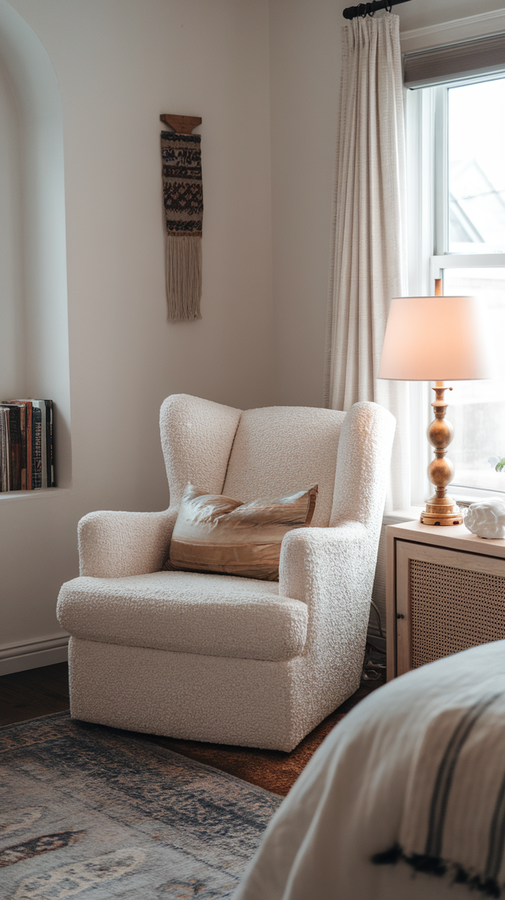 A cozy reading nook featuring a soft white chair with a gold-accented lamp and a collection of books.