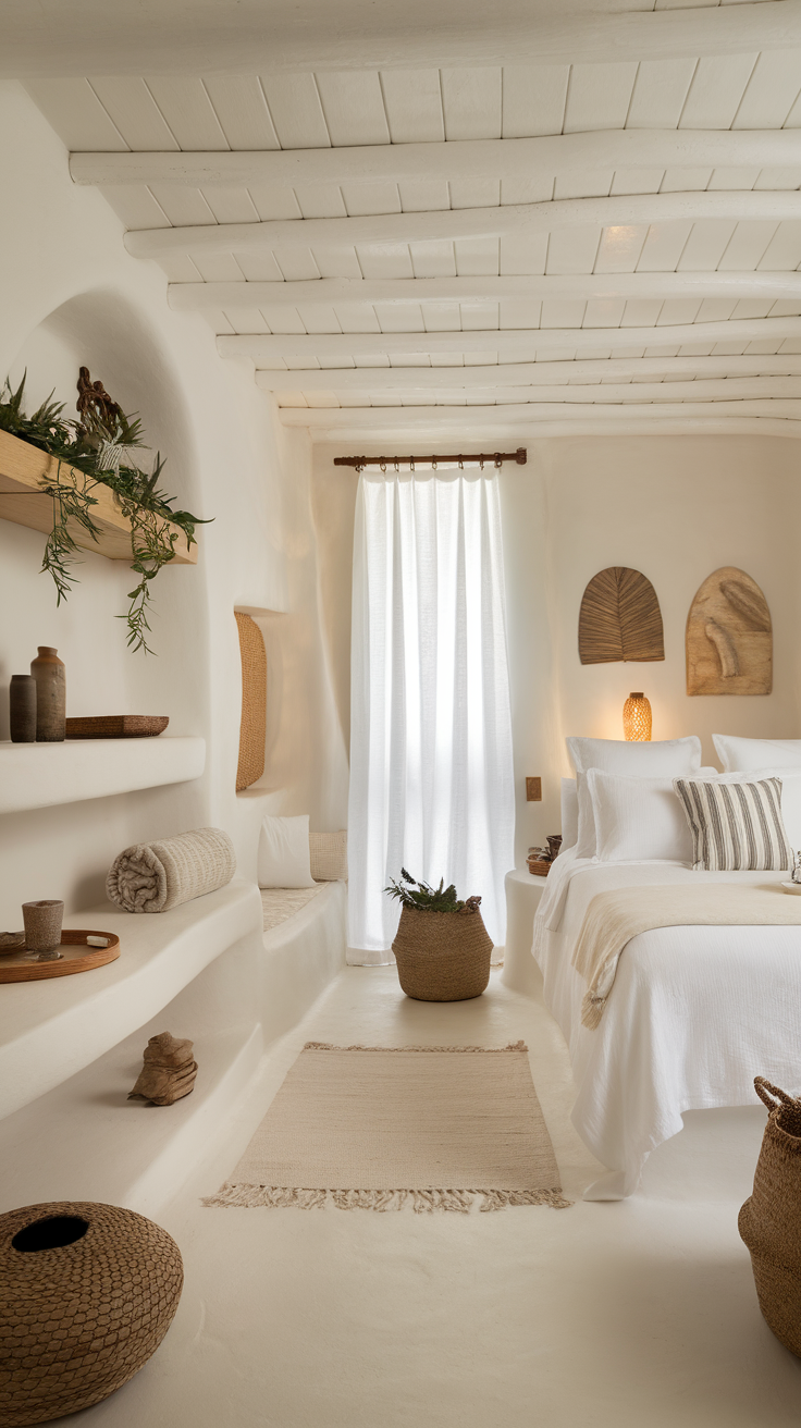 A serene bedroom featuring soft white linens, natural textures, and plants, creating a calming atmosphere.