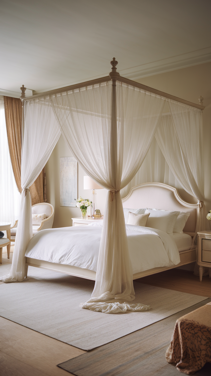 A beautifully styled white canopy bed with sheer drapes in a cozy bedroom setting.