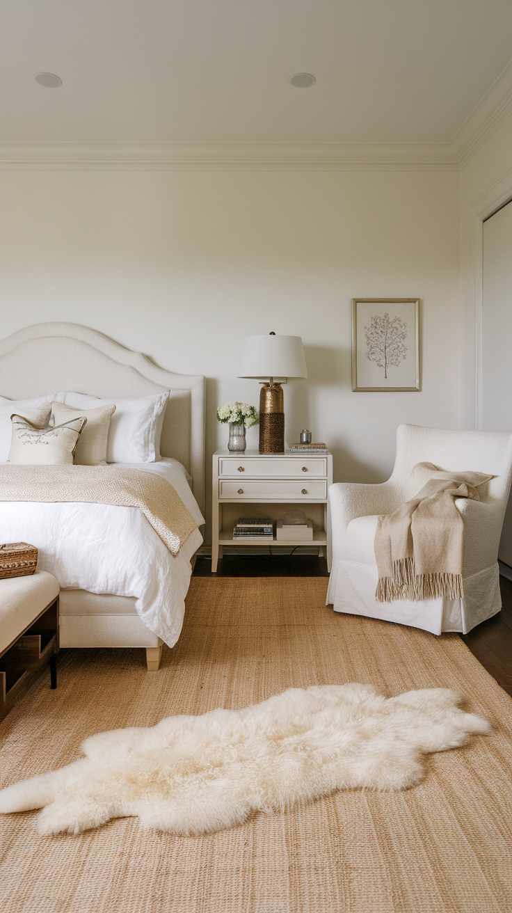 A cozy bedroom featuring layered textiles with a soft rug, throw blanket, and plush bedding.