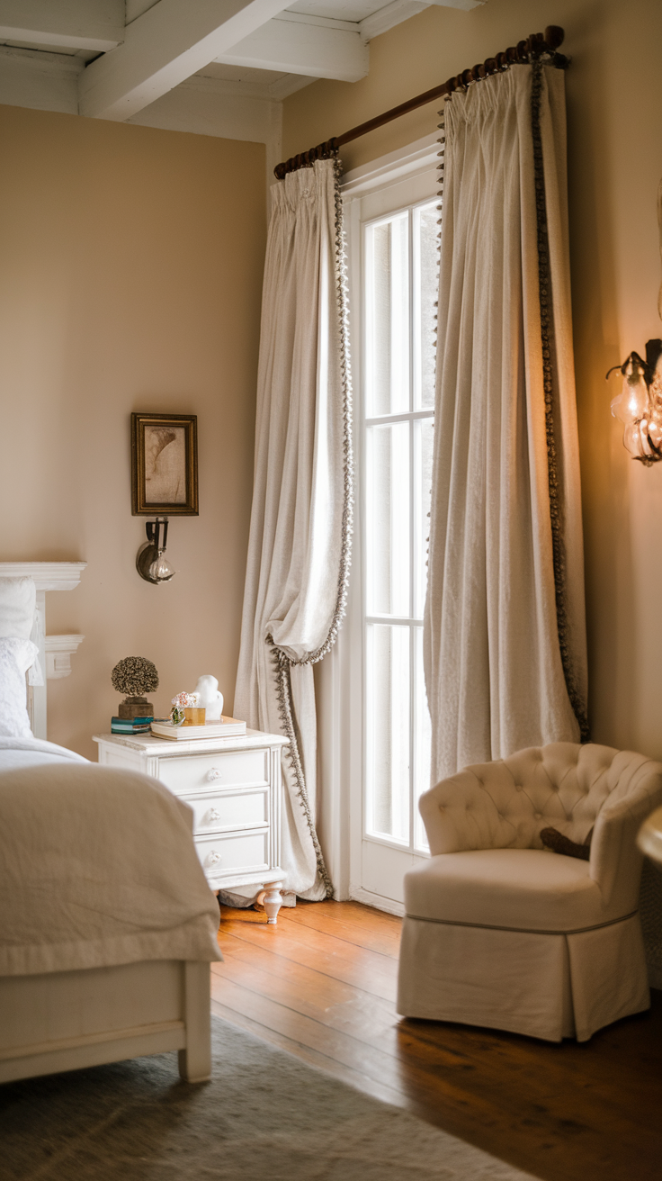 A cozy bedroom with layered white curtains, a bedside table, and a comfortable chair.