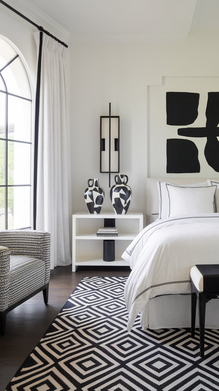 A modern bedroom featuring black and white decor, including patterned rugs and accent vases.