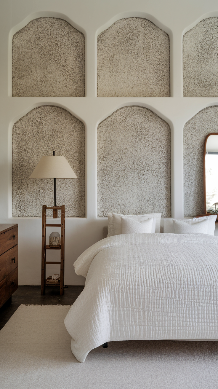 A modern bedroom with textured wall panels and a cozy atmosphere.