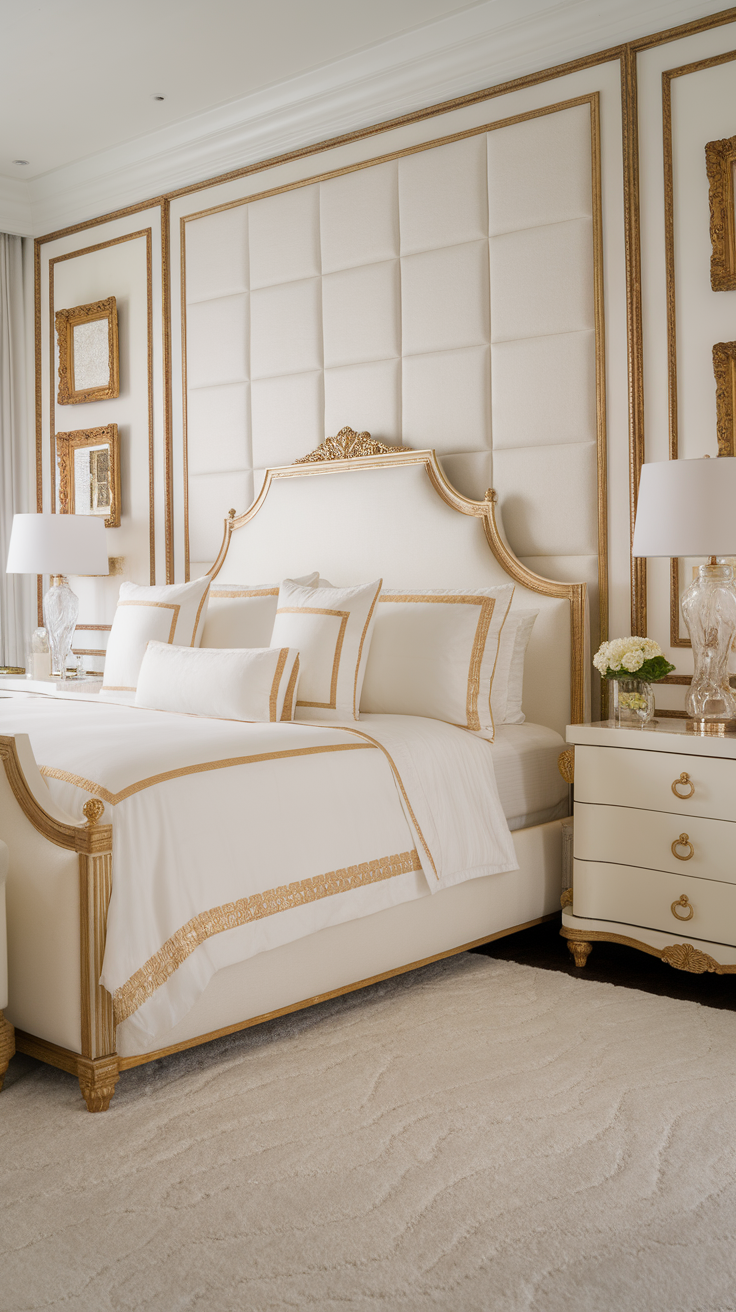 A stylish bedroom featuring white and gold accents with luxurious bedding and decor.