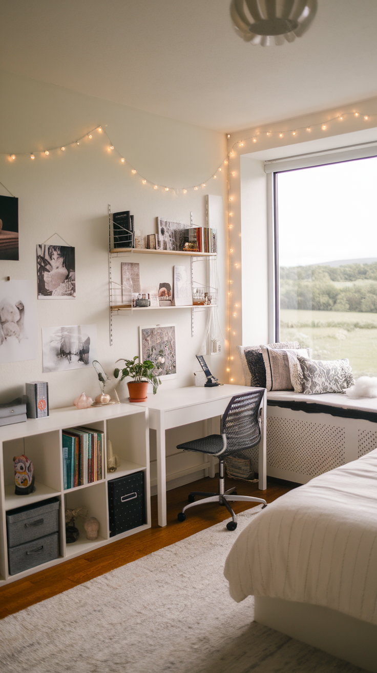 A stylish white bedroom featuring a desk, bookshelves, and cozy window seating.