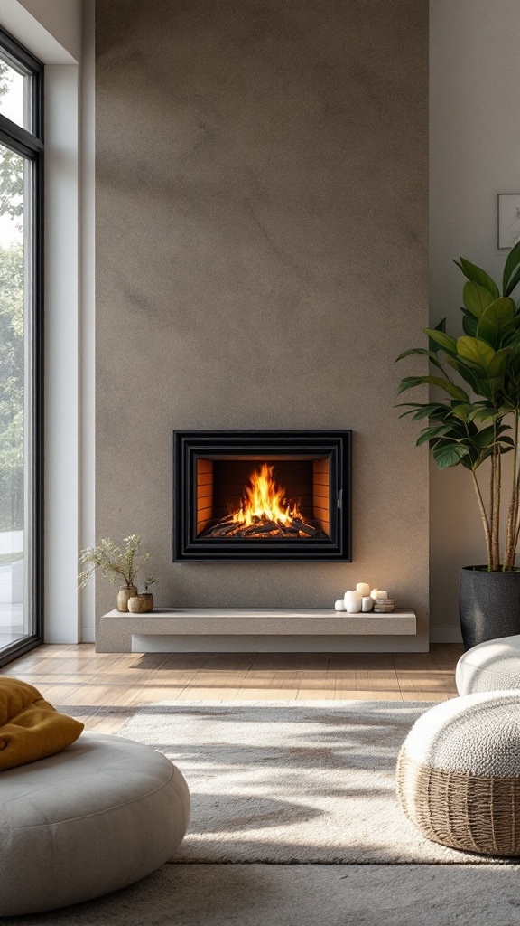 A modern biomass fireplace in a bright, stylish living room with a neutral color scheme and indoor plants.