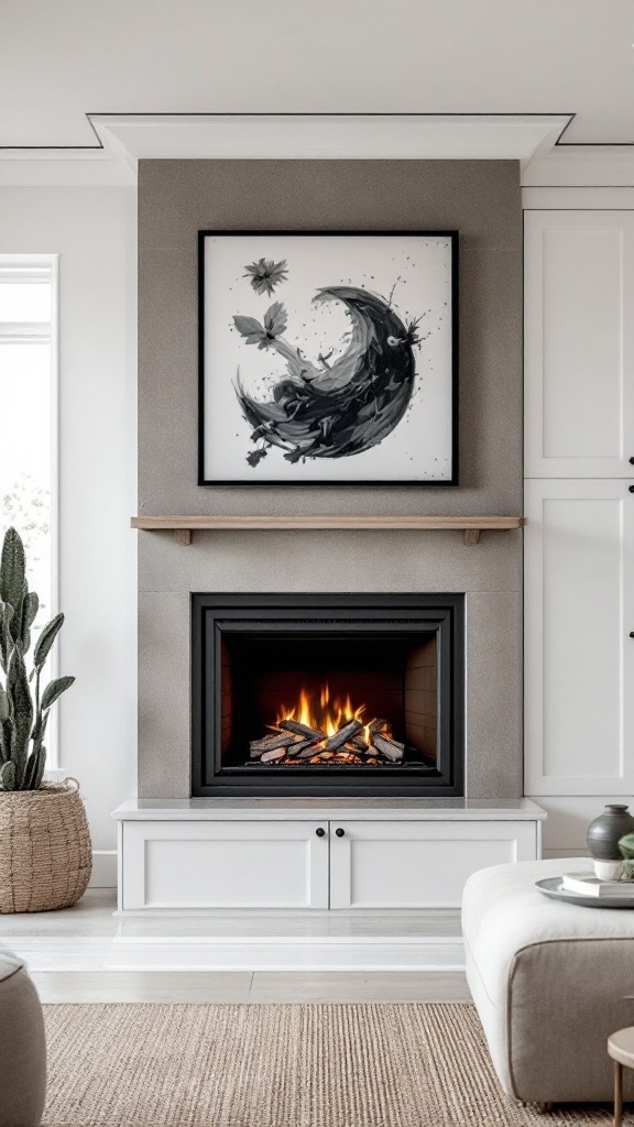 A modern built-in fireplace with a stylish artwork above it, featuring a cozy flame and surrounded by neutral tones and decor.