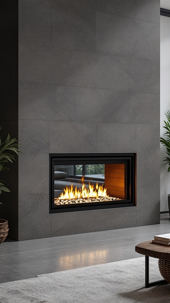 Modern gas fireplace featuring decorative glass media