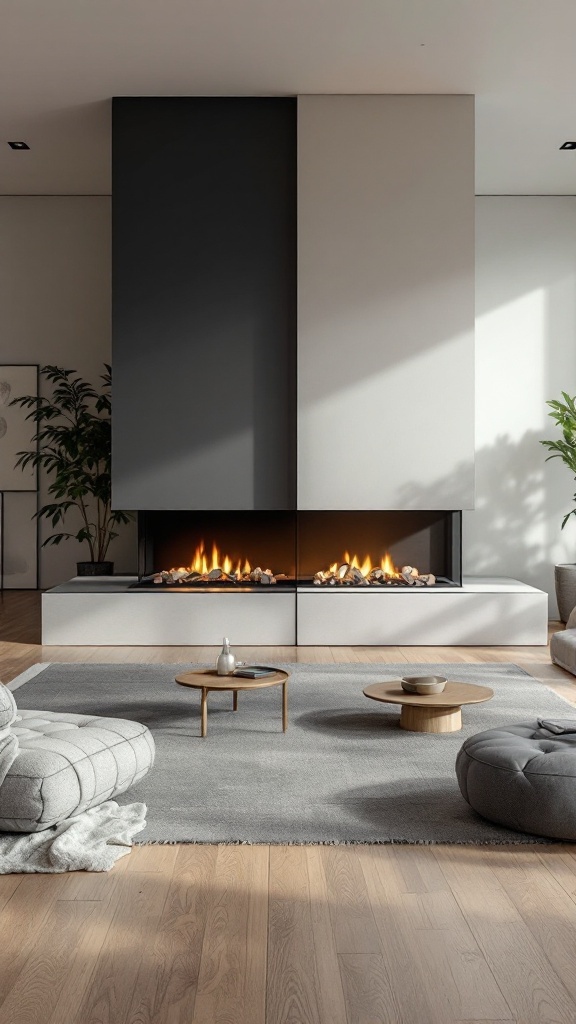 A modern double-sided fireplace with a sleek design, showcasing flames and pebbles in a spacious, well-lit room.