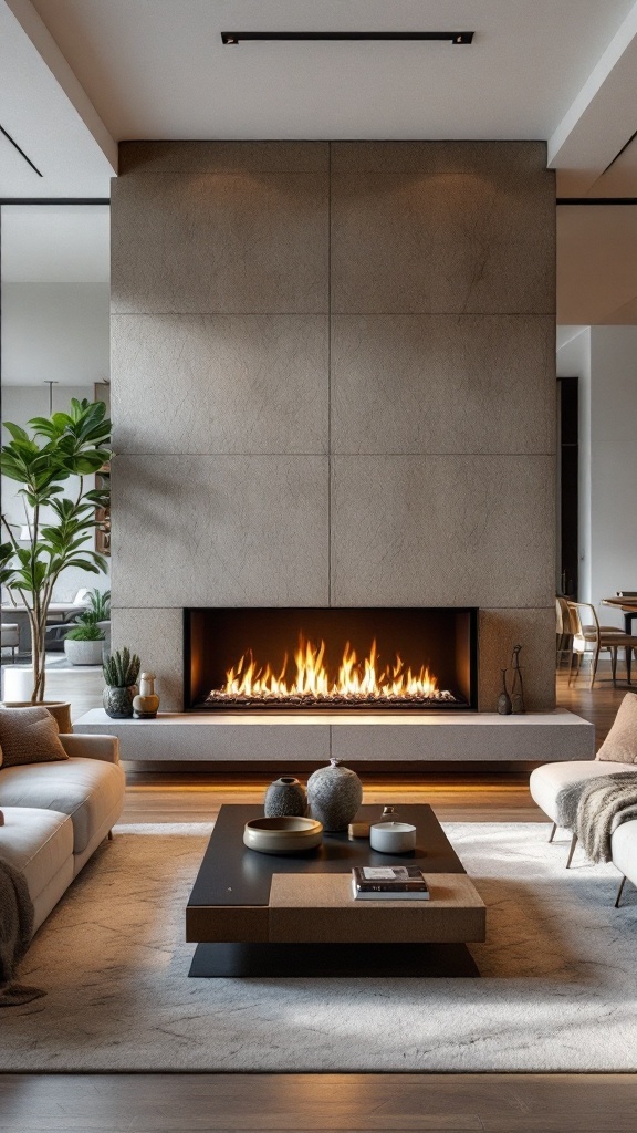 A modern double-sided gas fireplace set in a stone wall dividing living and dining spaces.