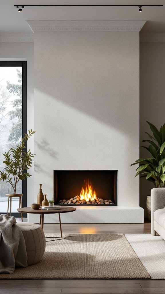 A modern living room featuring a stylish eco-friendly gas fireplace, surrounded by plants and cozy furniture.