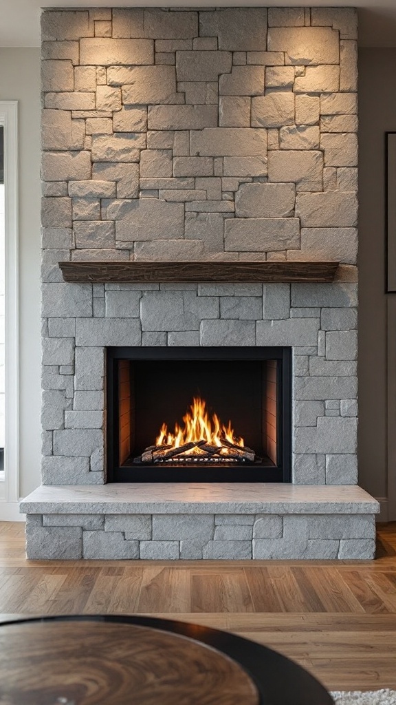 Modern gas fireplace with a textured stone surround and wooden mantle