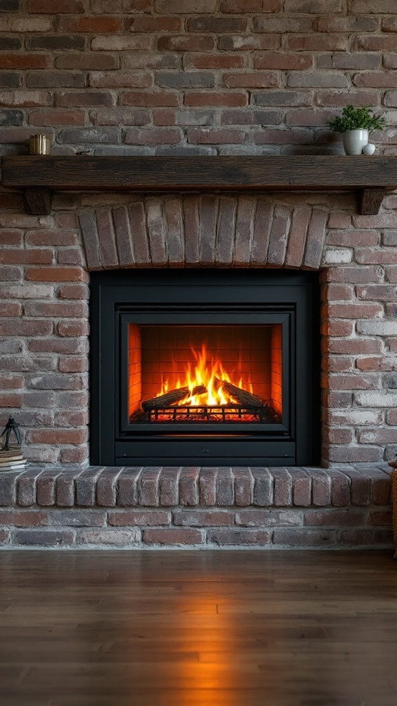 A modern fireplace insert in a brick surround, showcasing a warm fire.