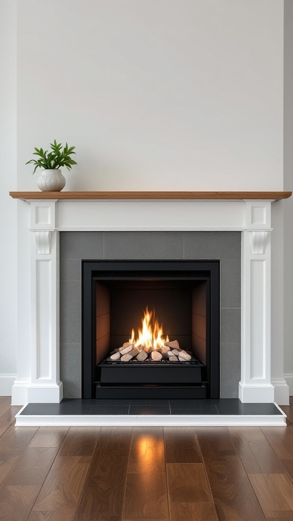 Gas fireplace insert in a traditional mantel with stones and flames.