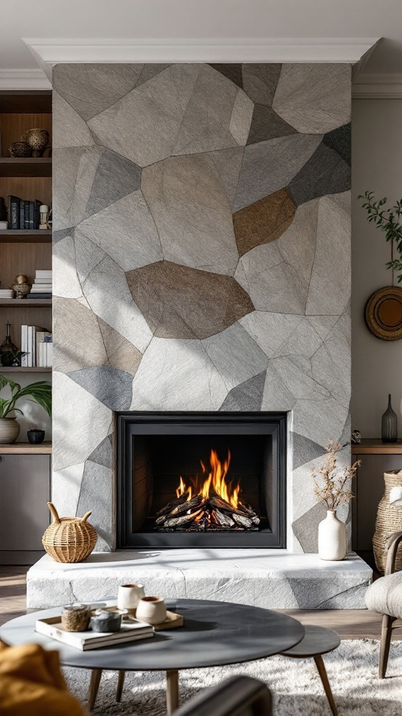 Modern fireplace with artistic stone surround and warm fire