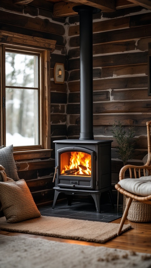 A freestanding black wood stove in a cozy room with wooden walls, surrounded by cushions and a rug.