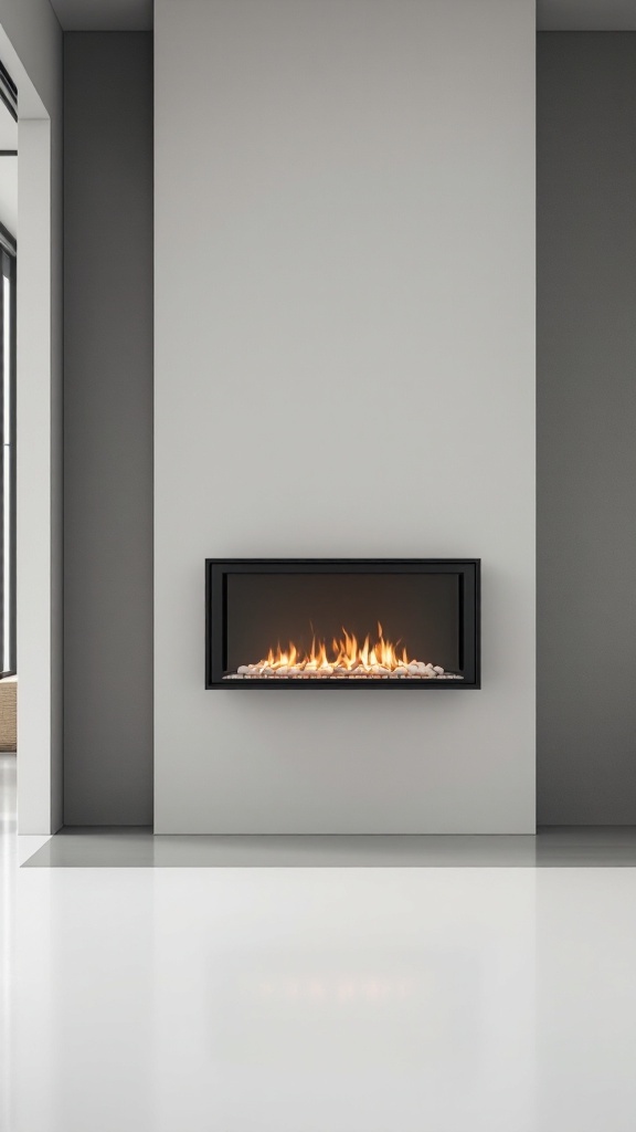 A modern, minimalist wall-mounted fireplace featuring flickering flames and a sleek design.