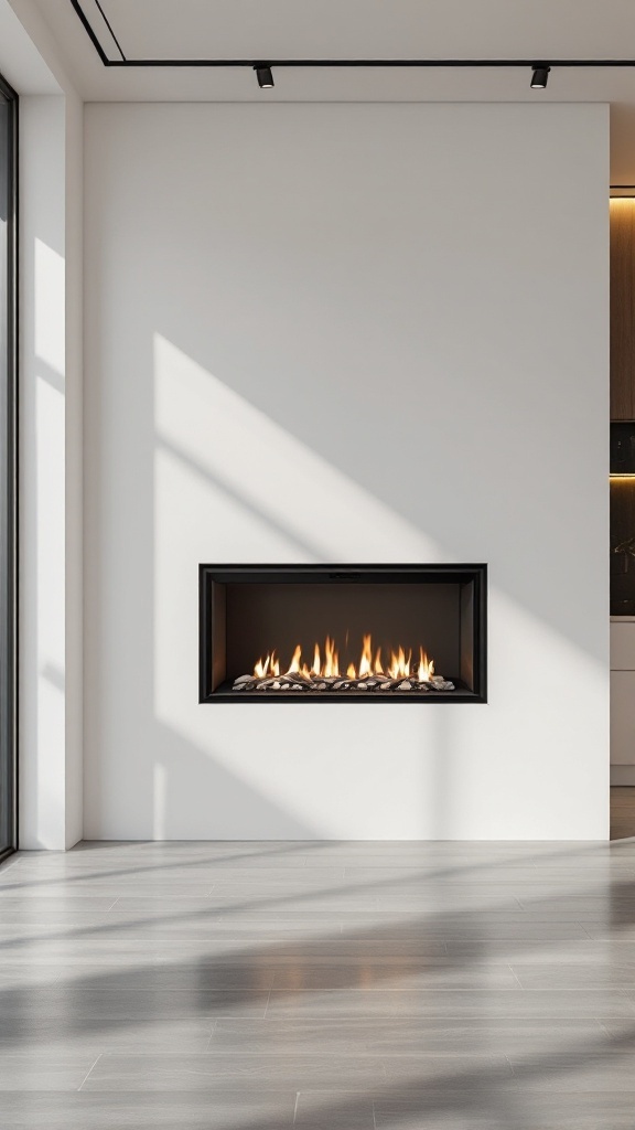 A minimalist wall-mounted gas fireplace with flames visible, set against a white wall, with light streaming in from a nearby window.