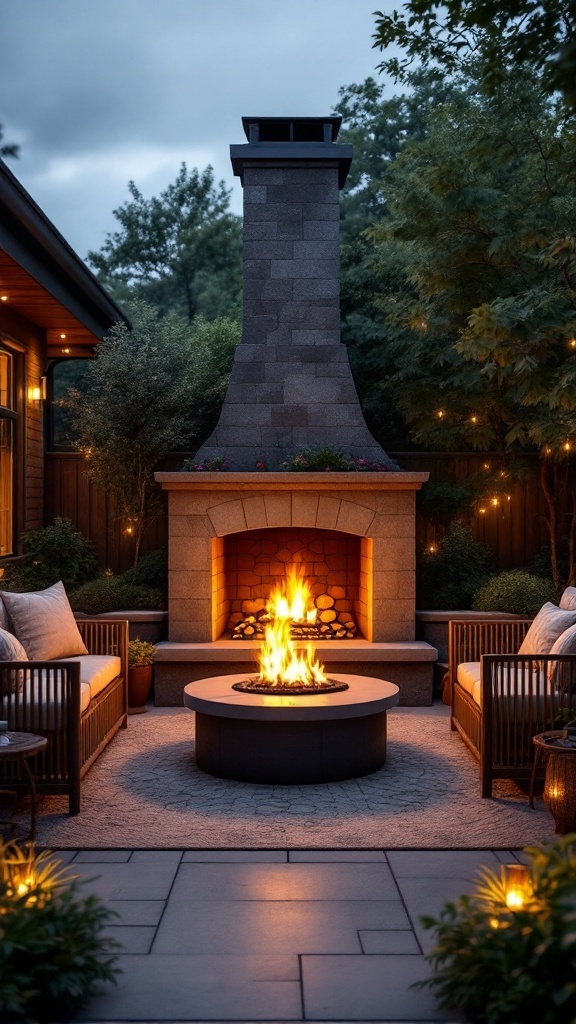 A modern outdoor fireplace setup featuring a stone chimney, circular fire pit, and comfortable lounge chairs surrounded by greenery