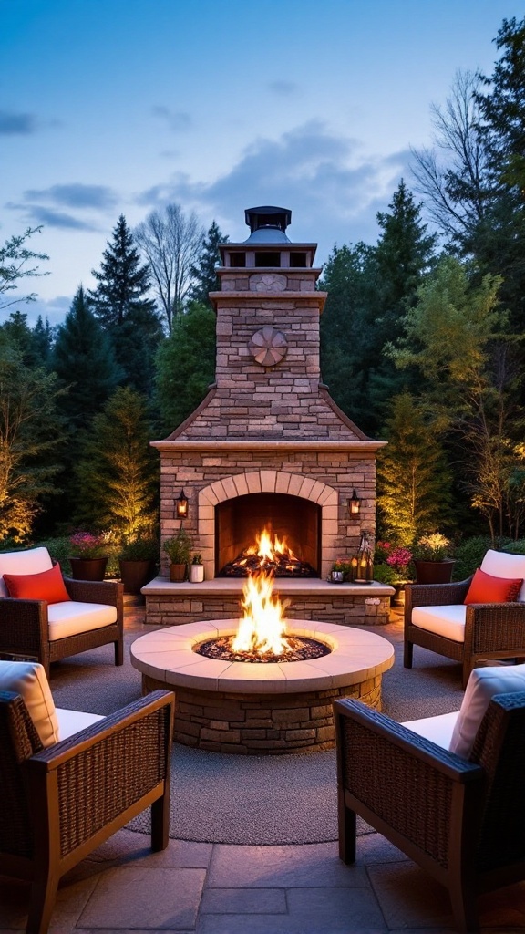 A cozy outdoor gas fireplace with a circular fire pit and comfortable seating arranged around it, surrounded by lush greenery.