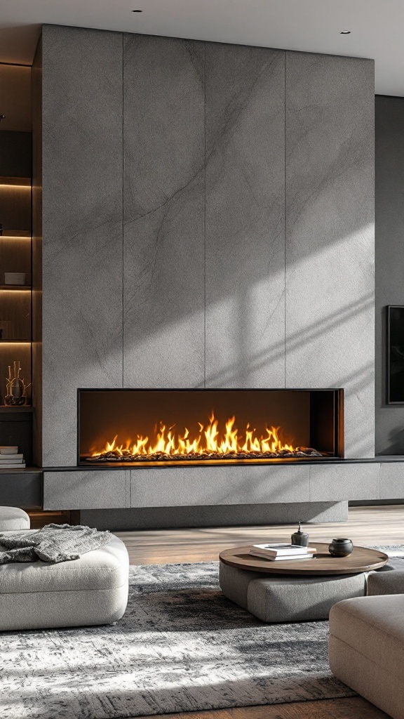 A sleek linear fireplace with dancing flames in a modern living room.