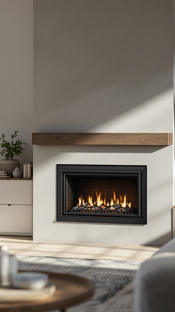 A modern gas fireplace with a minimalist design, set in a contemporary living space.