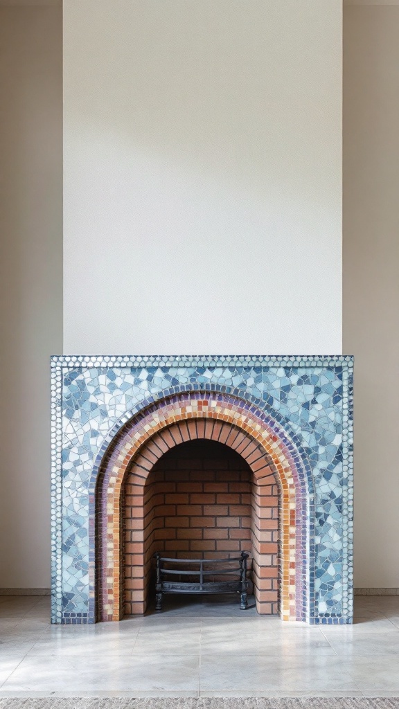 A beautifully designed fireplace with artistic mosaic tiles in shades of blue and purple, featuring a classic brick interior.