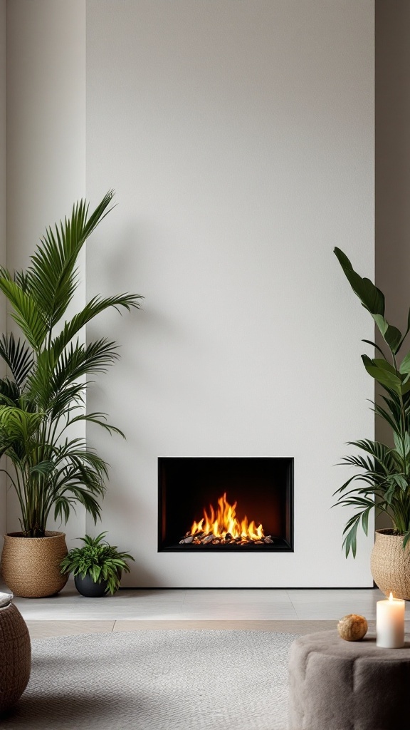 A modern bioethanol fireplace surrounded by indoor plants in a stylish living room.