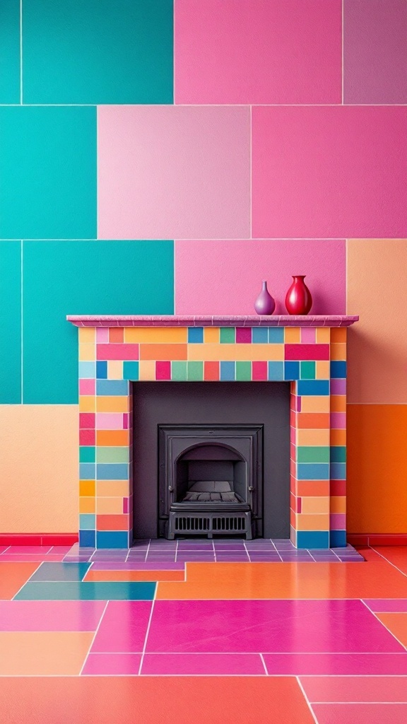 Colorful tiled fireplace with bold block patterns on walls and floor.