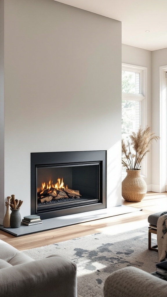 A modern wood-burning fireplace in a stylish living room, featuring a minimalist design with natural light.
