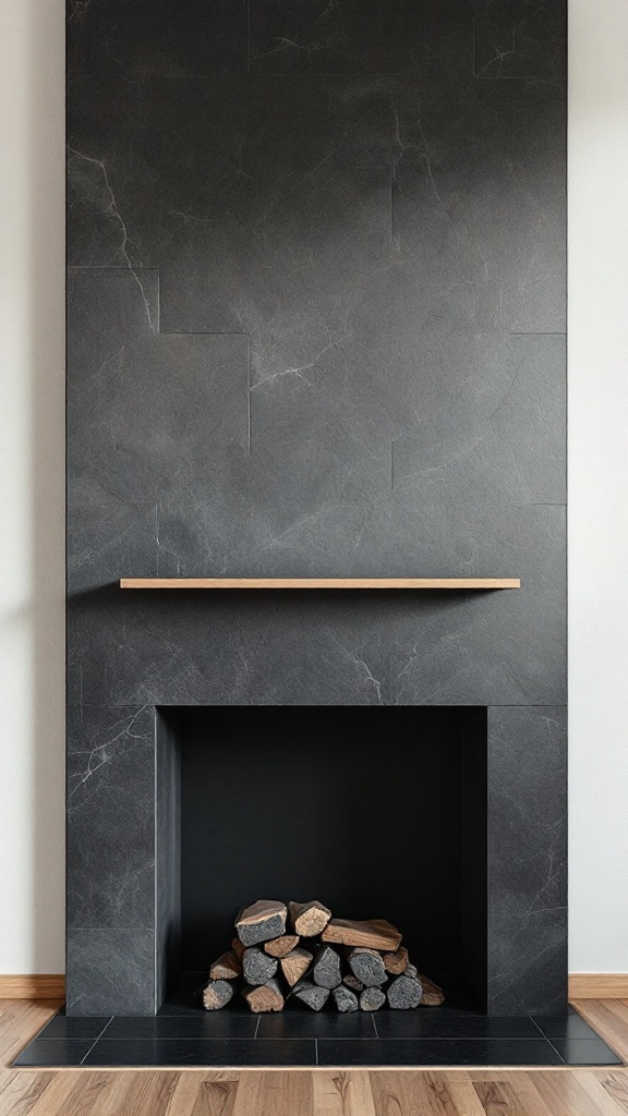 Modern fireplace designed with dark slate tiles, featuring a wood mantel and stacked logs.