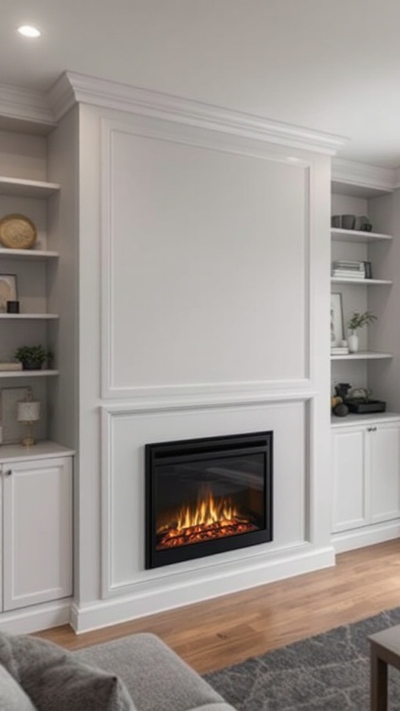 A modern electric fireplace integrated into a stylish living room wall design.