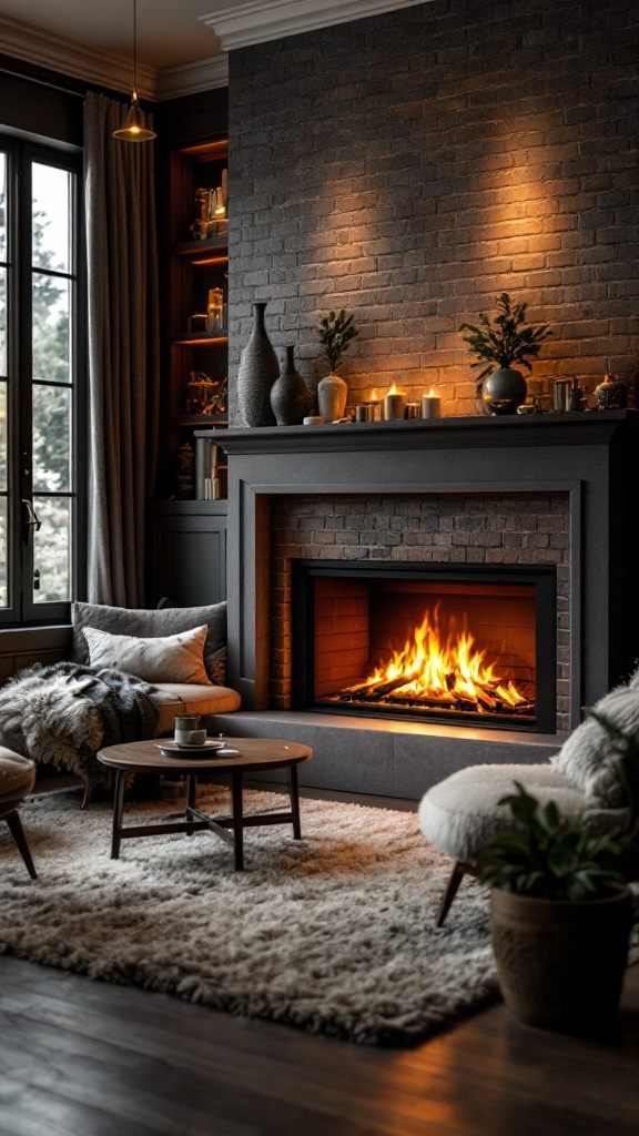 Cozy living room fireplace nook with comfortable seating, a coffee table, and warm decor.