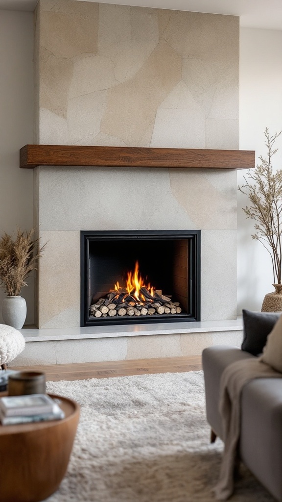 A modern fireplace with a stone surround and wooden mantel, featuring logs in the firebox.