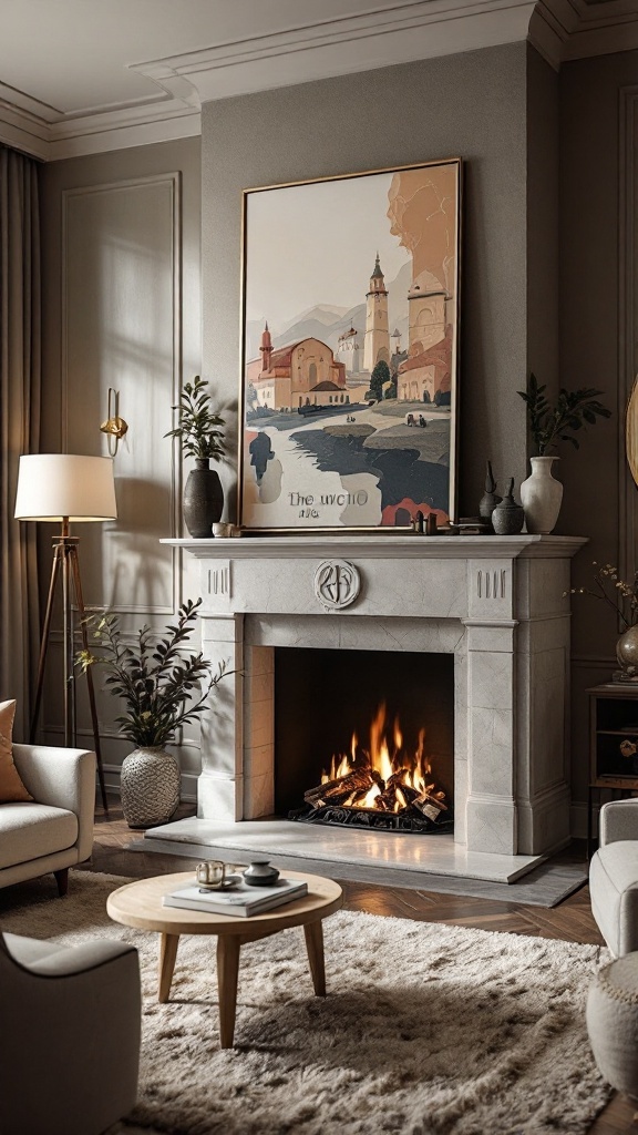 Modern fireplace with a beautiful artwork above it, creating a cozy living room atmosphere.