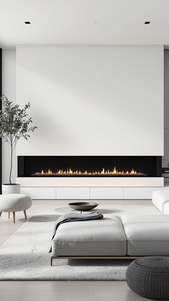 Modern linear gas fireplace in a sleek living room setting