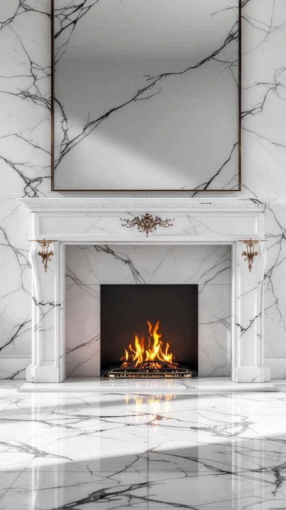 A modern fireplace surrounded by white marble tiles with black veining and a grand mirror above.
