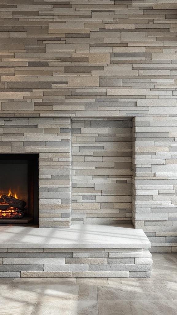 A modern fireplace with natural stone tiles in gray tones.